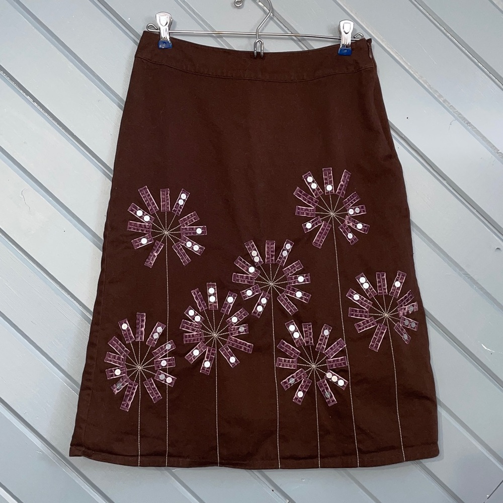 Boden Embroidered Sequin Purple Velvet Floral Brown Skirt